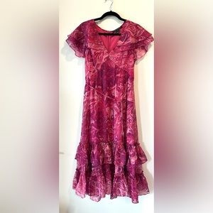 French Connection Women Polyester Magenta Pink Floral Long Dress Ruffle sz US 4